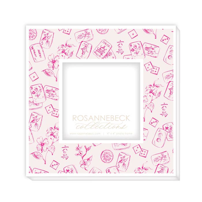 Handpainted Mahjong Toile Pink Frame 4x4 White