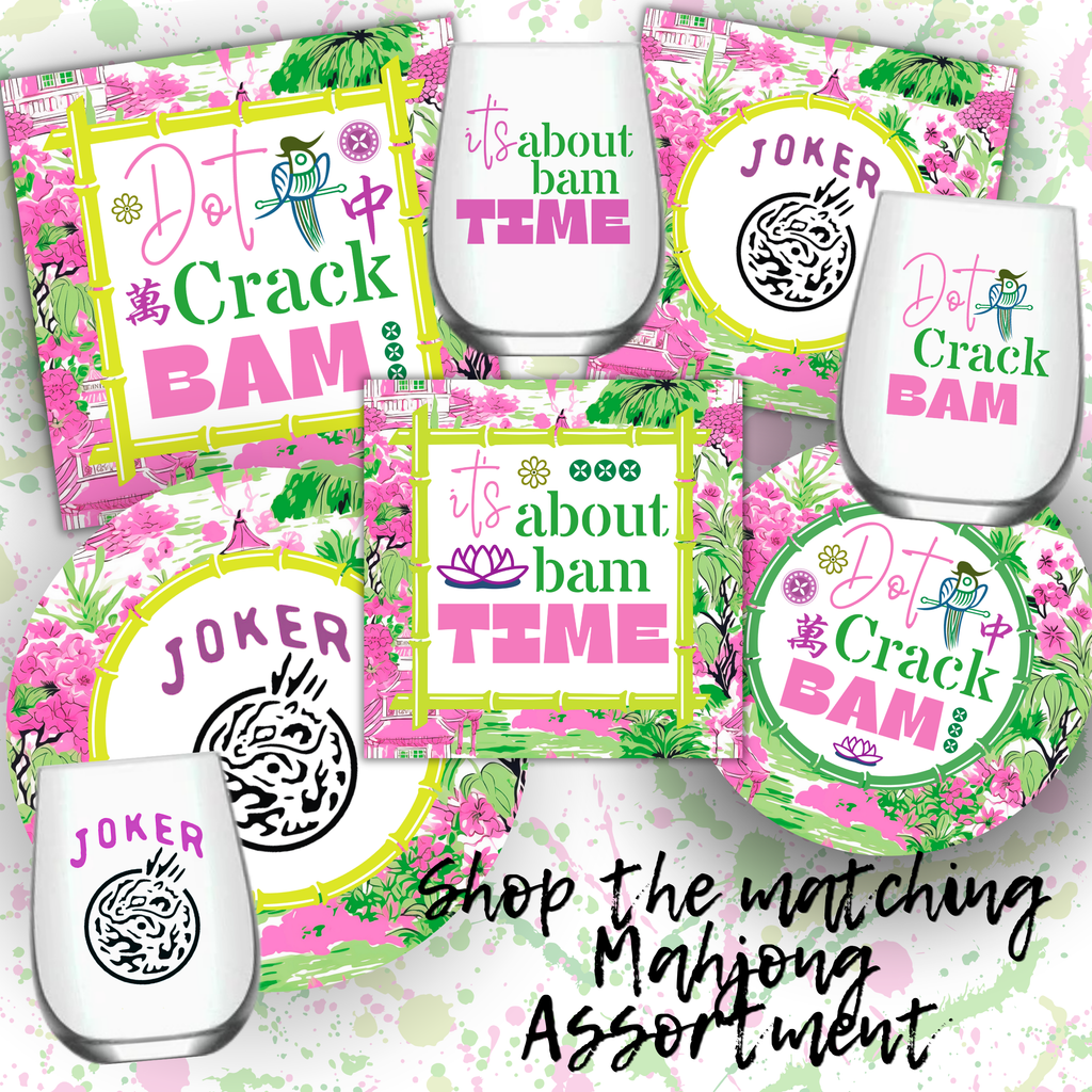 Mahjong Stemless 4 ct Set Wine Glasses "Dot Crack Bam"